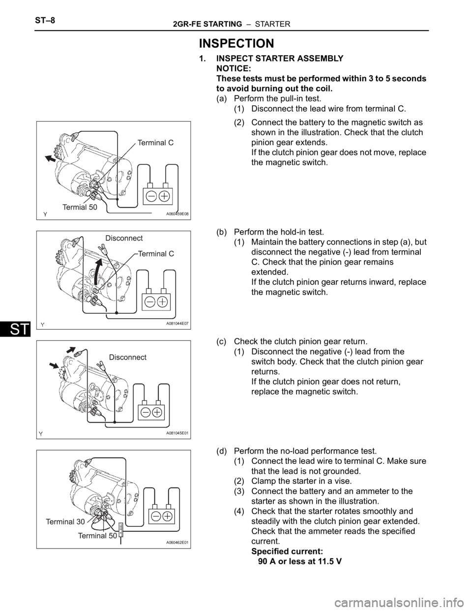 TOYOTA SIENNA 2007  Service Repair Manual ST–82GR-FE STARTING  –  STARTER
ST
INSPECTION
1. INSPECT STARTER ASSEMBLY
NOTICE:
These tests must be performed within 3 to 5 seconds 
to avoid burning out the coil.
(a) Perform the pull-in test.
