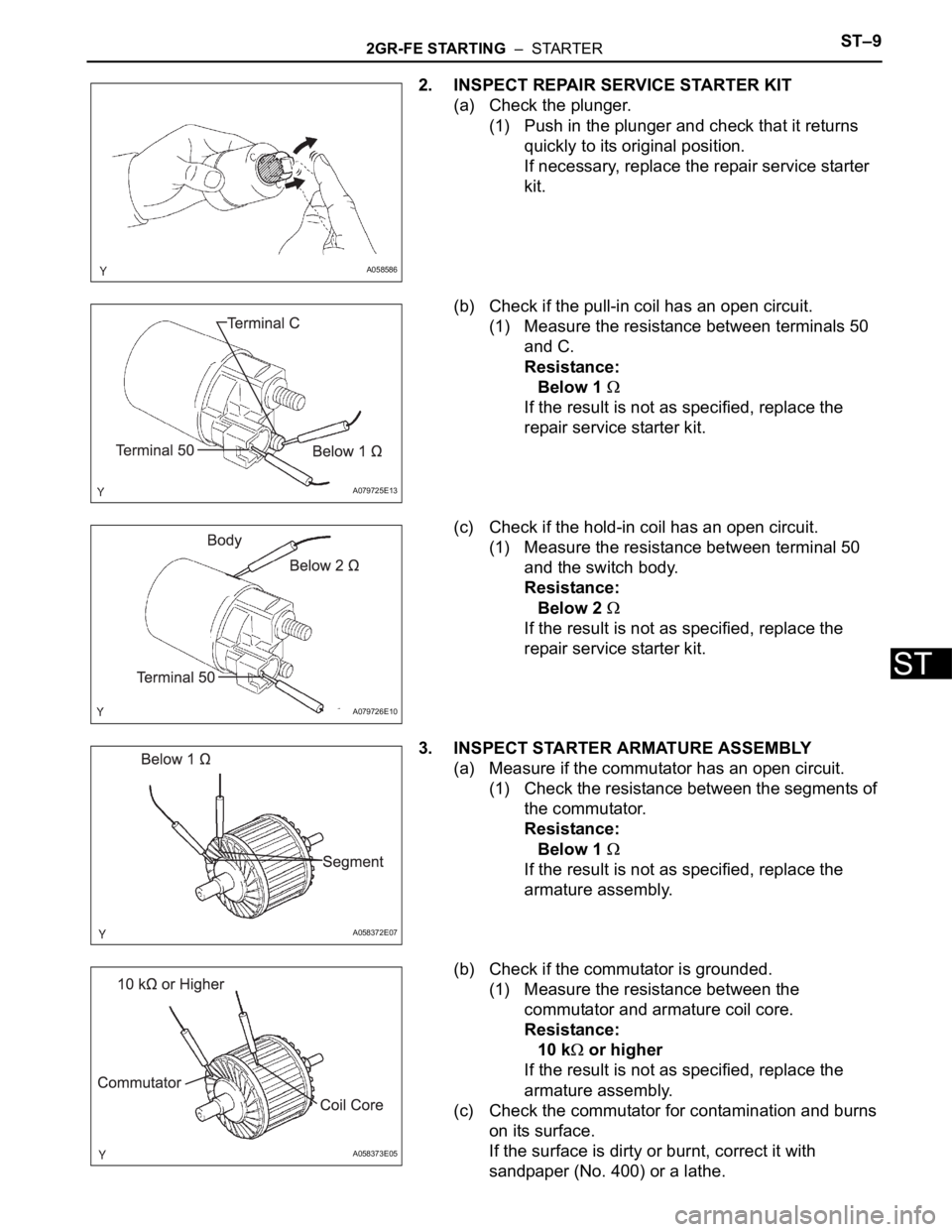 TOYOTA SIENNA 2007  Service Repair Manual 2GR-FE STARTING  –  STARTERST–9
ST
2. INSPECT REPAIR SERVICE STARTER KIT
(a) Check the plunger.
(1) Push in the plunger and check that it returns 
quickly to its original position.
If necessary, r