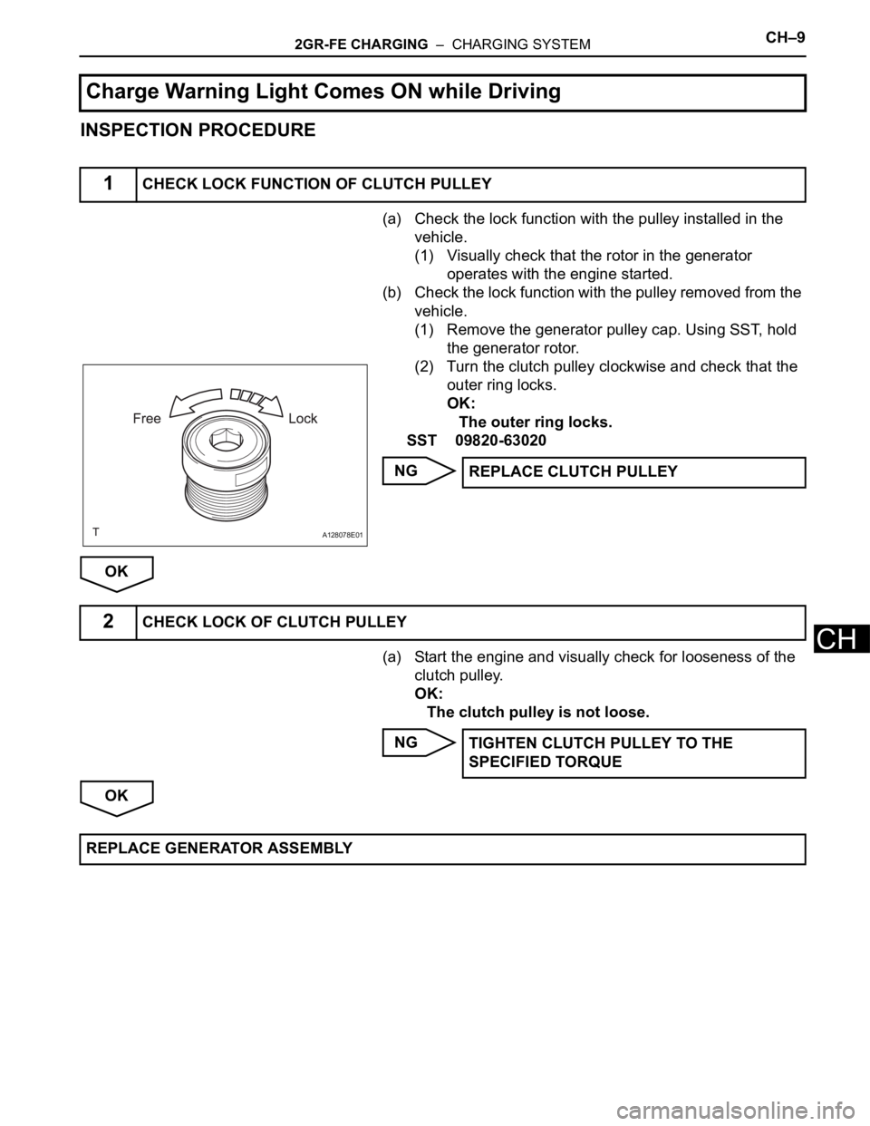 TOYOTA SIENNA 2007  Service Repair Manual 2GR-FE CHARGING  –  CHARGING SYSTEMCH–9
CH
INSPECTION PROCEDURE
(a) Check the lock function with the pulley installed in the 
vehicle.
(1) Visually check that the rotor in the generator 
operates 