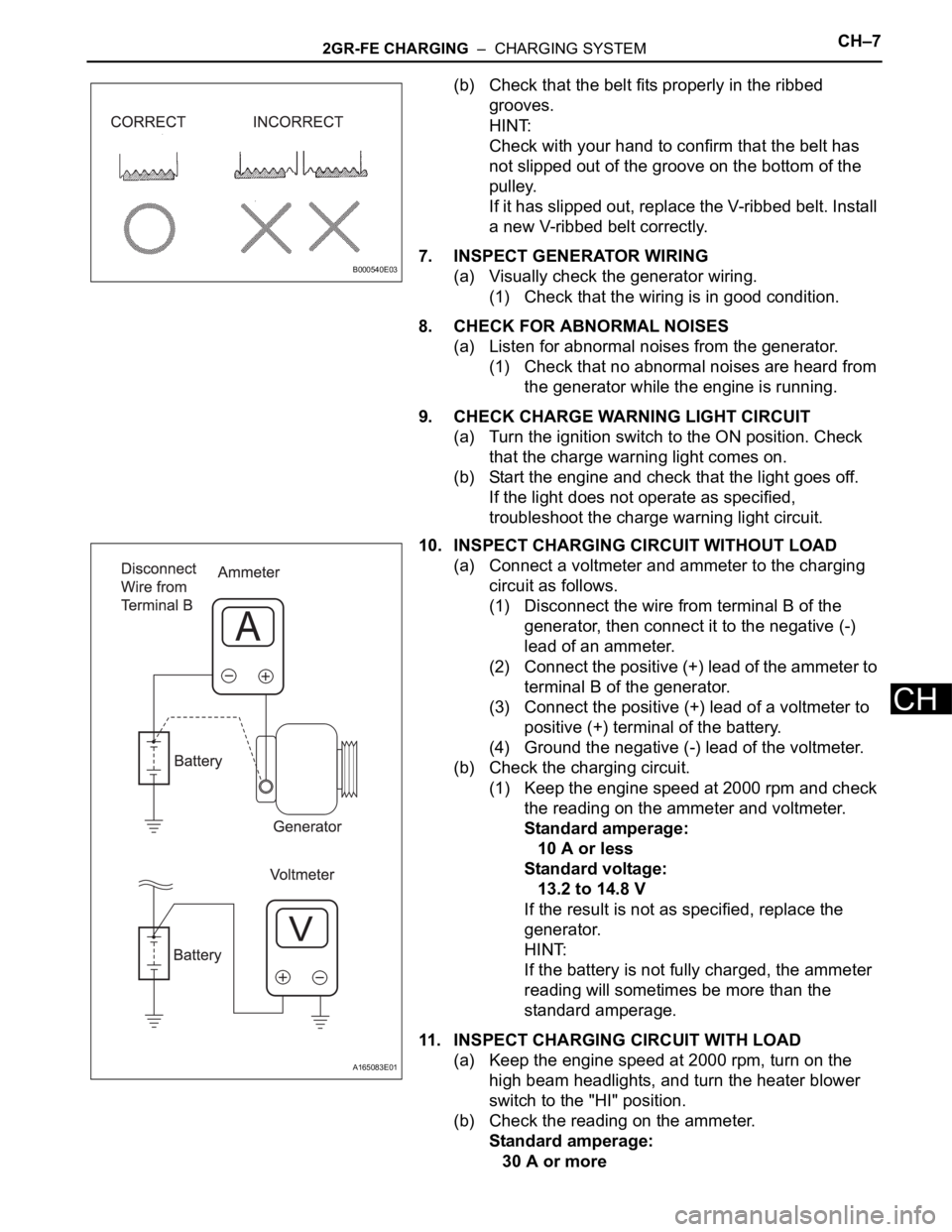 TOYOTA SIENNA 2007 Service Repair Manual 2GR-FE CHARGING – CHARGING SYSTEMCH–7
CH
(b) Check that the belt fits properly in the ribbed
grooves.
HINT:
Check with your hand to confirm that the belt has
not slipped out of the groove on t TOYOTA SIENNA 2007 Service Repair Manual 2GR-FE CHARGING – CHARGING SYSTEMCH–7
CH
(b) Check that the belt fits properly in the ribbed
grooves.
HINT:
Check with your hand to confirm that the belt has
not slipped out of the groove on t