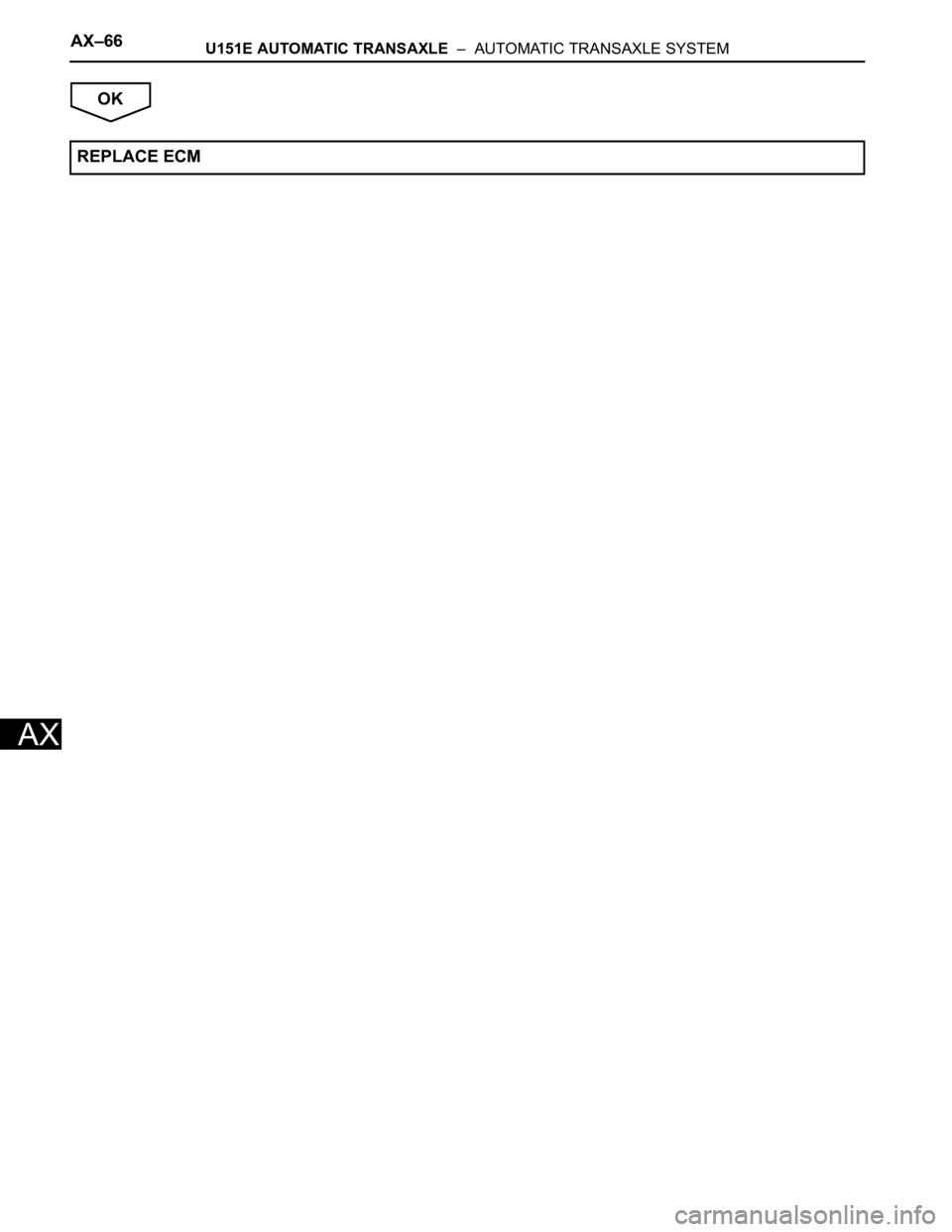 TOYOTA SIENNA 2007  Service Repair Manual AX–66U151E AUTOMATIC TRANSAXLE  –  AUTOMATIC TRANSAXLE SYSTEM
AX
OK
REPLACE ECM 