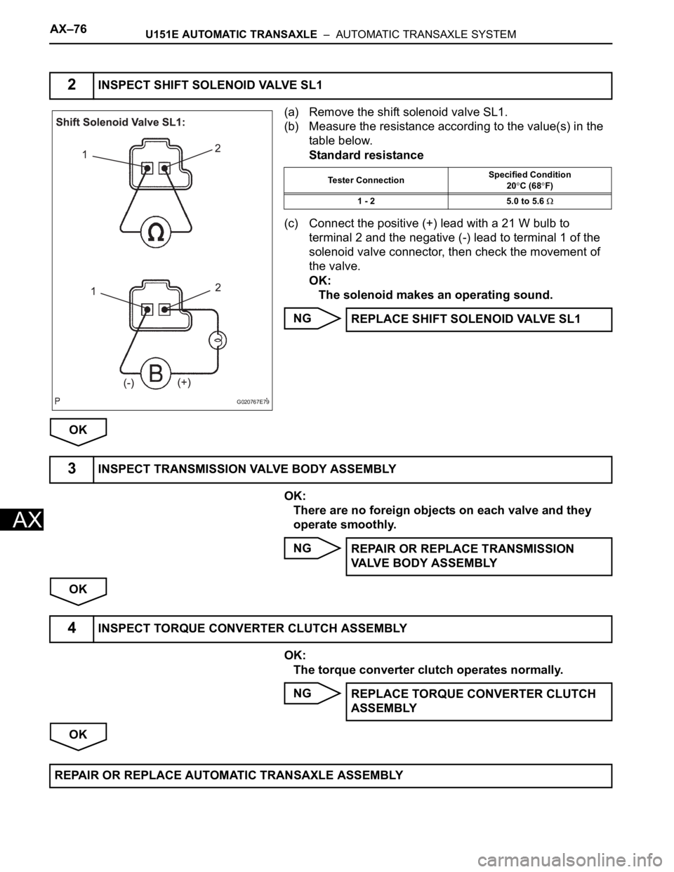 TOYOTA SIENNA 2007  Service Repair Manual AX–76U151E AUTOMATIC TRANSAXLE  –  AUTOMATIC TRANSAXLE SYSTEM
AX
(a) Remove the shift solenoid valve SL1.
(b) Measure the resistance according to the value(s) in the 
table below.
Standard resista