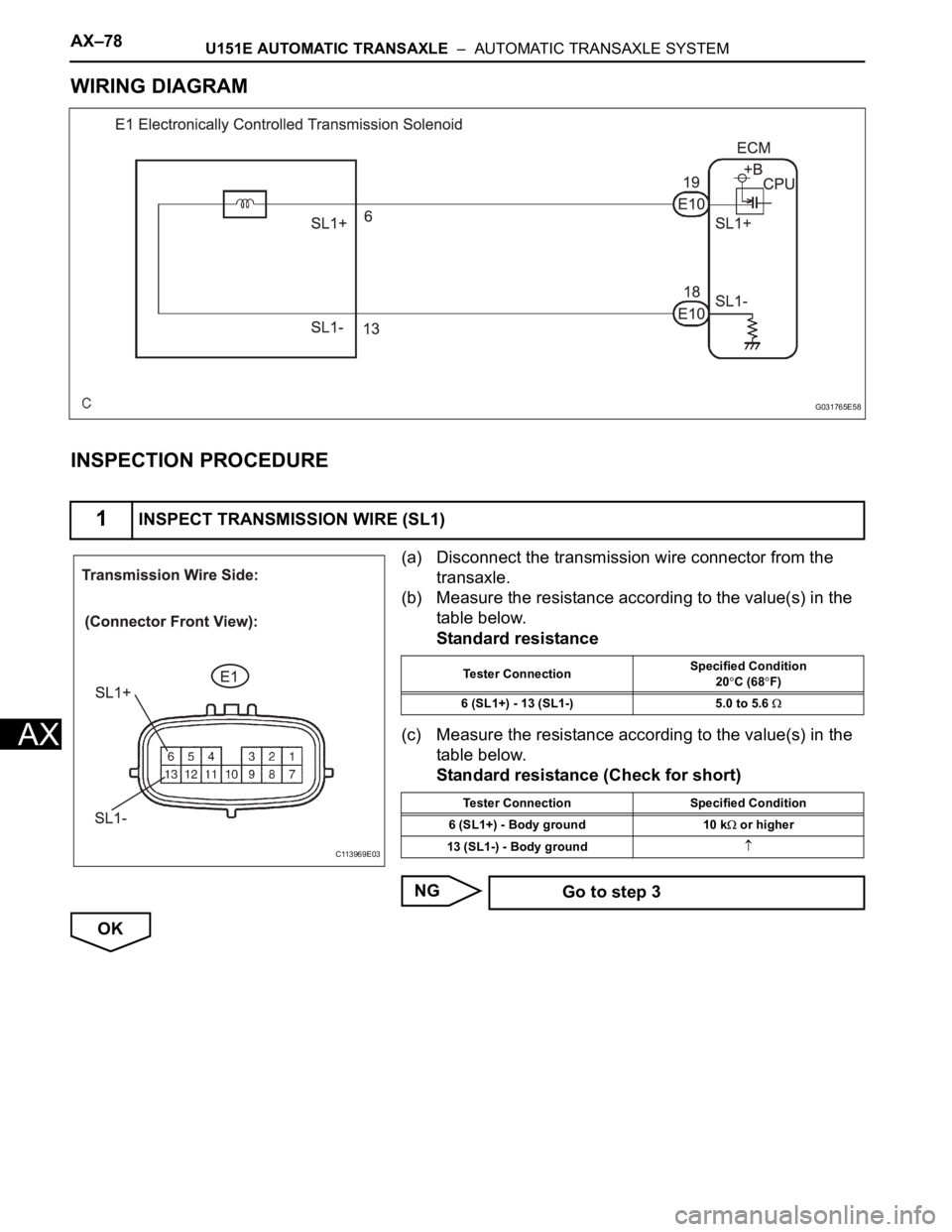 TOYOTA SIENNA 2007  Service Repair Manual AX–78U151E AUTOMATIC TRANSAXLE  –  AUTOMATIC TRANSAXLE SYSTEM
AX
WIRING DIAGRAM
INSPECTION PROCEDURE
(a) Disconnect the transmission wire connector from the 
transaxle.
(b) Measure the resistance 
