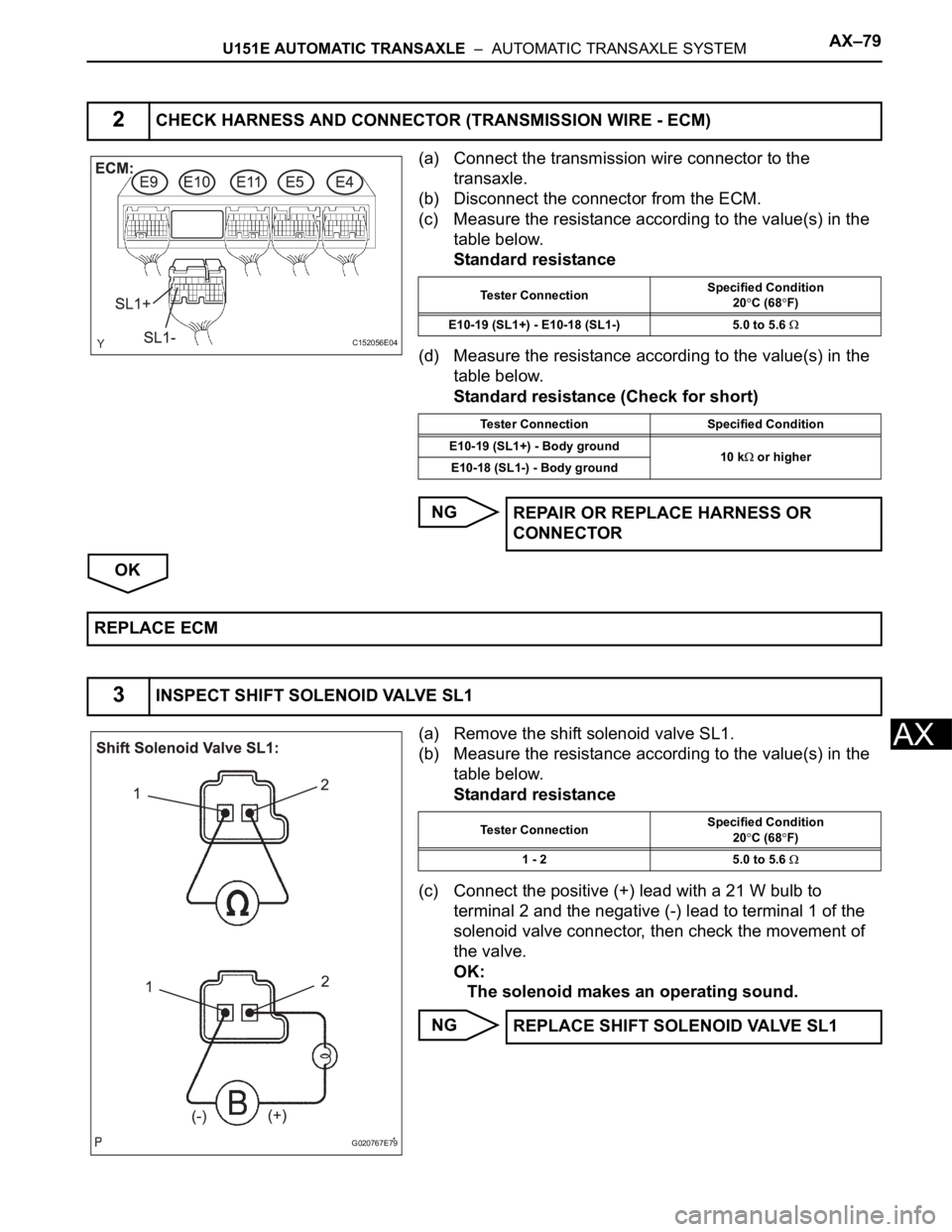 TOYOTA SIENNA 2007 Service Repair Manual U151E AUTOMATIC TRANSAXLE – AUTOMATIC TRANSAXLE SYSTEMAX–79
AX
(a) Connect the transmission wire connector to the
transaxle.
(b) Disconnect the connector from the ECM.
(c) Measure the resistanc TOYOTA SIENNA 2007 Service Repair Manual U151E AUTOMATIC TRANSAXLE – AUTOMATIC TRANSAXLE SYSTEMAX–79
AX
(a) Connect the transmission wire connector to the
transaxle.
(b) Disconnect the connector from the ECM.
(c) Measure the resistanc