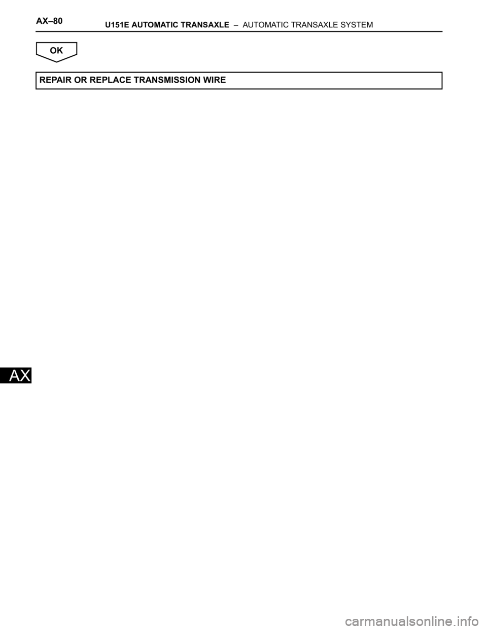 TOYOTA SIENNA 2007  Service Repair Manual AX–80U151E AUTOMATIC TRANSAXLE  –  AUTOMATIC TRANSAXLE SYSTEM
AX
OK
REPAIR OR REPLACE TRANSMISSION WIRE 