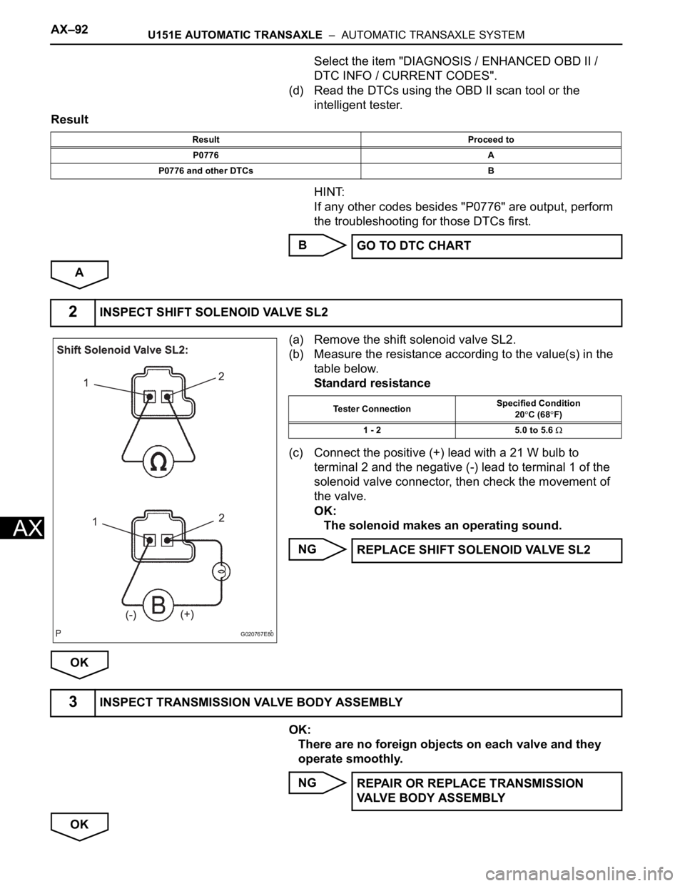 TOYOTA SIENNA 2007 Service Repair Manual AX–92U151E AUTOMATIC TRANSAXLE – AUTOMATIC TRANSAXLE SYSTEM
AX
Select the item "DIAGNOSIS / ENHANCED OBD II /
DTC INFO / CURRENT CODES".
(d) Read the DTCs using the OBD II scan tool or TOYOTA SIENNA 2007 Service Repair Manual AX–92U151E AUTOMATIC TRANSAXLE – AUTOMATIC TRANSAXLE SYSTEM
AX
Select the item "DIAGNOSIS / ENHANCED OBD II /
DTC INFO / CURRENT CODES".
(d) Read the DTCs using the OBD II scan tool or