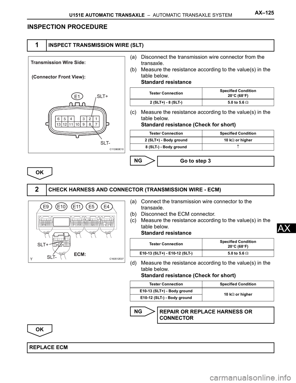 TOYOTA SIENNA 2007 Service Repair Manual U151E AUTOMATIC TRANSAXLE – AUTOMATIC TRANSAXLE SYSTEMAX–125
AX
INSPECTION PROCEDURE
(a) Disconnect the transmission wire connector from the
transaxle.
(b) Measure the resistance according to t TOYOTA SIENNA 2007 Service Repair Manual U151E AUTOMATIC TRANSAXLE – AUTOMATIC TRANSAXLE SYSTEMAX–125
AX
INSPECTION PROCEDURE
(a) Disconnect the transmission wire connector from the
transaxle.
(b) Measure the resistance according to t