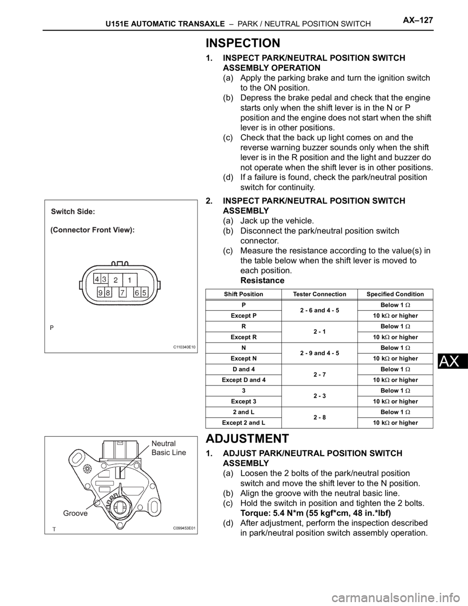 TOYOTA SIENNA 2007 Service Repair Manual U151E AUTOMATIC TRANSAXLE – PARK / NEUTRAL POSITION SWITCHAX–127
AX
INSPECTION
1. INSPECT PARK/NEUTRAL POSITION SWITCH
ASSEMBLY OPERATION
(a) Apply the parking brake and turn the ignition switc TOYOTA SIENNA 2007 Service Repair Manual U151E AUTOMATIC TRANSAXLE – PARK / NEUTRAL POSITION SWITCHAX–127
AX
INSPECTION
1. INSPECT PARK/NEUTRAL POSITION SWITCH
ASSEMBLY OPERATION
(a) Apply the parking brake and turn the ignition switc