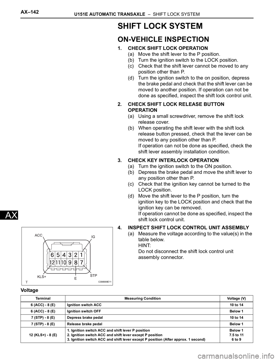 TOYOTA SIENNA 2007 Service Repair Manual AX–142U151E AUTOMATIC TRANSAXLE – SHIFT LOCK SYSTEM
AX
SHIFT LOCK SYSTEM
ON-VEHICLE INSPECTION
1. CHECK SHIFT LOCK OPERATION
(a) Move the shift lever to the P position.
(b) Turn the ignition swi TOYOTA SIENNA 2007 Service Repair Manual AX–142U151E AUTOMATIC TRANSAXLE – SHIFT LOCK SYSTEM
AX
SHIFT LOCK SYSTEM
ON-VEHICLE INSPECTION
1. CHECK SHIFT LOCK OPERATION
(a) Move the shift lever to the P position.
(b) Turn the ignition swi