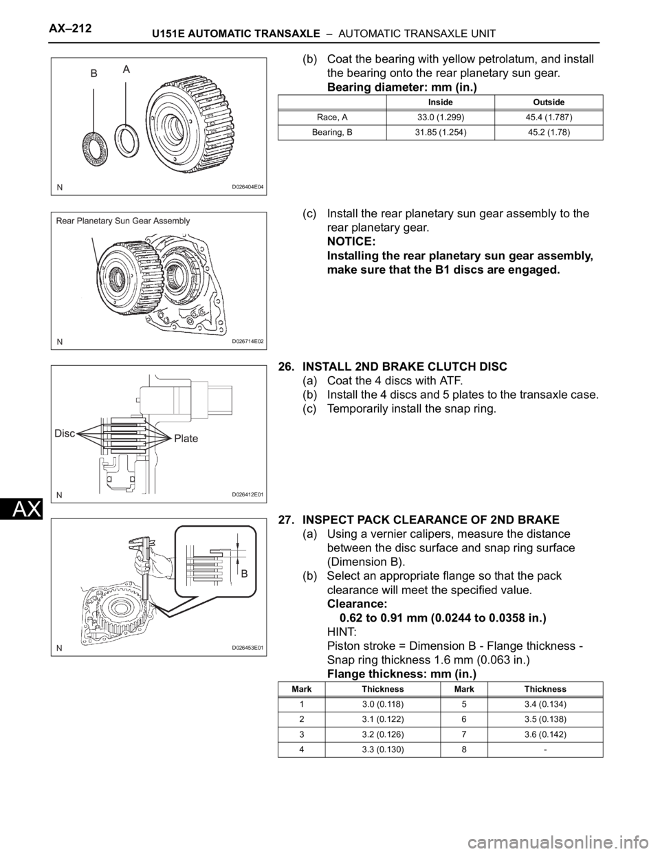 TOYOTA SIENNA 2007 Service Repair Manual AX–212U151E AUTOMATIC TRANSAXLE – AUTOMATIC TRANSAXLE UNIT
AX
(b) Coat the bearing with yellow petrolatum, and install
the bearing onto the rear planetary sun gear.
Bearing diameter: mm (in.)
( TOYOTA SIENNA 2007 Service Repair Manual AX–212U151E AUTOMATIC TRANSAXLE – AUTOMATIC TRANSAXLE UNIT
AX
(b) Coat the bearing with yellow petrolatum, and install
the bearing onto the rear planetary sun gear.
Bearing diameter: mm (in.)
(