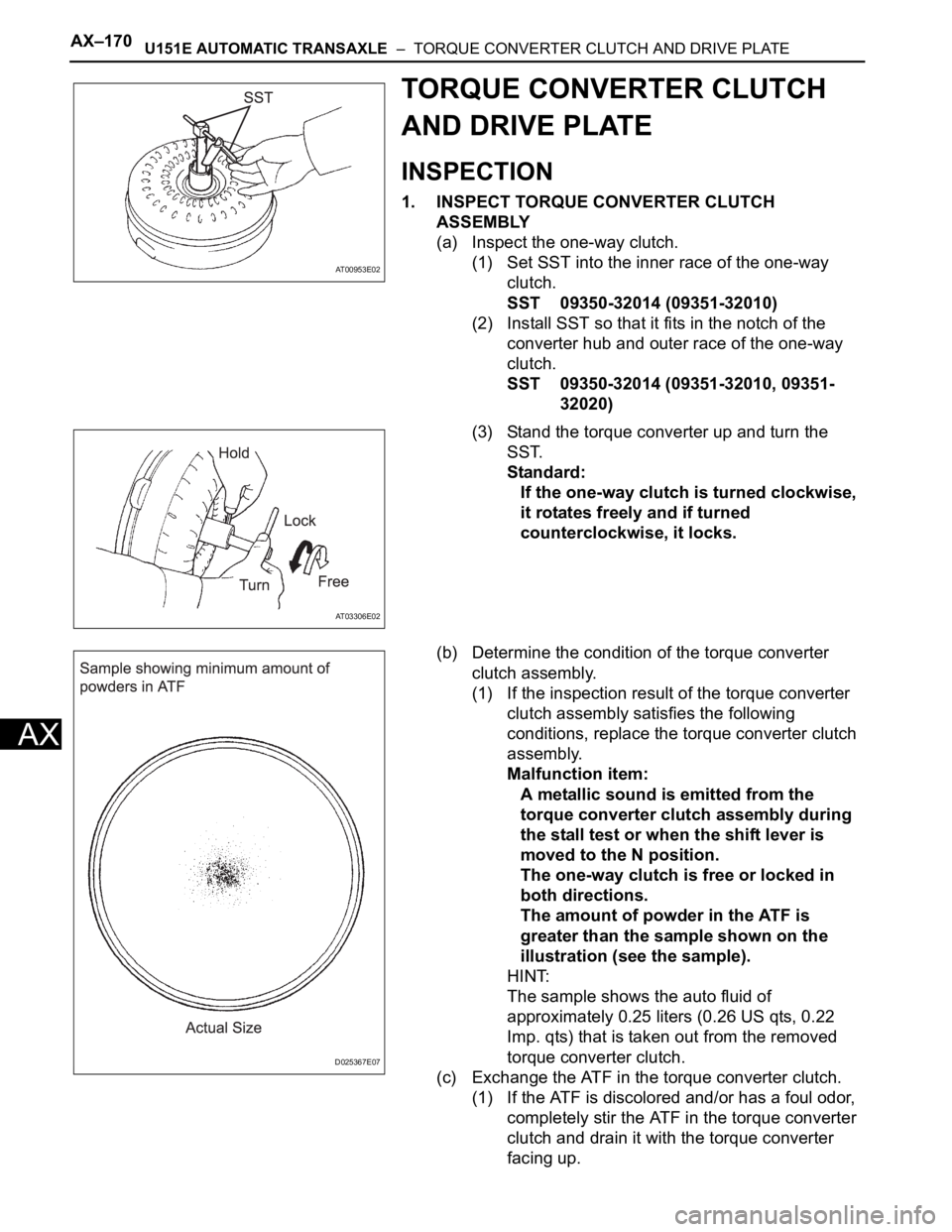 TOYOTA SIENNA 2007 Service Repair Manual AX–170U151E AUTOMATIC TRANSAXLE – TORQUE CONVERTER CLUTCH AND DRIVE PLATE
AX
TORQUE CONVERTER CLUTCH
AND DRIVE PLATE
INSPECTION
1. INSPECT TORQUE CONVERTER CLUTCH
ASSEMBLY
(a) Inspect the one- TOYOTA SIENNA 2007 Service Repair Manual AX–170U151E AUTOMATIC TRANSAXLE – TORQUE CONVERTER CLUTCH AND DRIVE PLATE
AX
TORQUE CONVERTER CLUTCH
AND DRIVE PLATE
INSPECTION
1. INSPECT TORQUE CONVERTER CLUTCH
ASSEMBLY
(a) Inspect the one-