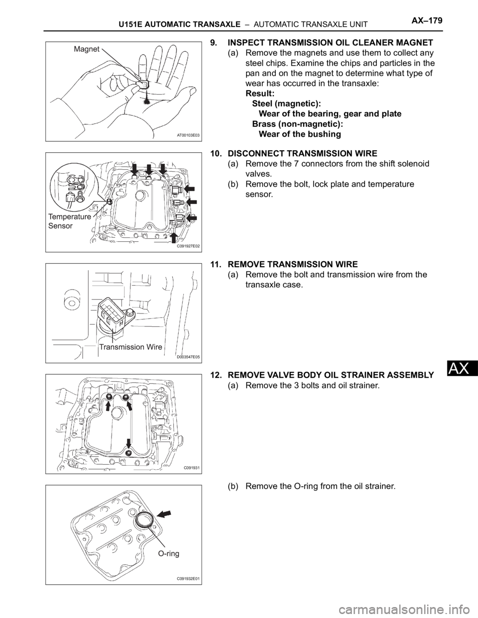 TOYOTA SIENNA 2007  Service Repair Manual U151E AUTOMATIC TRANSAXLE  –  AUTOMATIC TRANSAXLE UNITAX–179
AX
9. INSPECT TRANSMISSION OIL CLEANER MAGNET
(a) Remove the magnets and use them to collect any 
steel chips. Examine the chips and pa