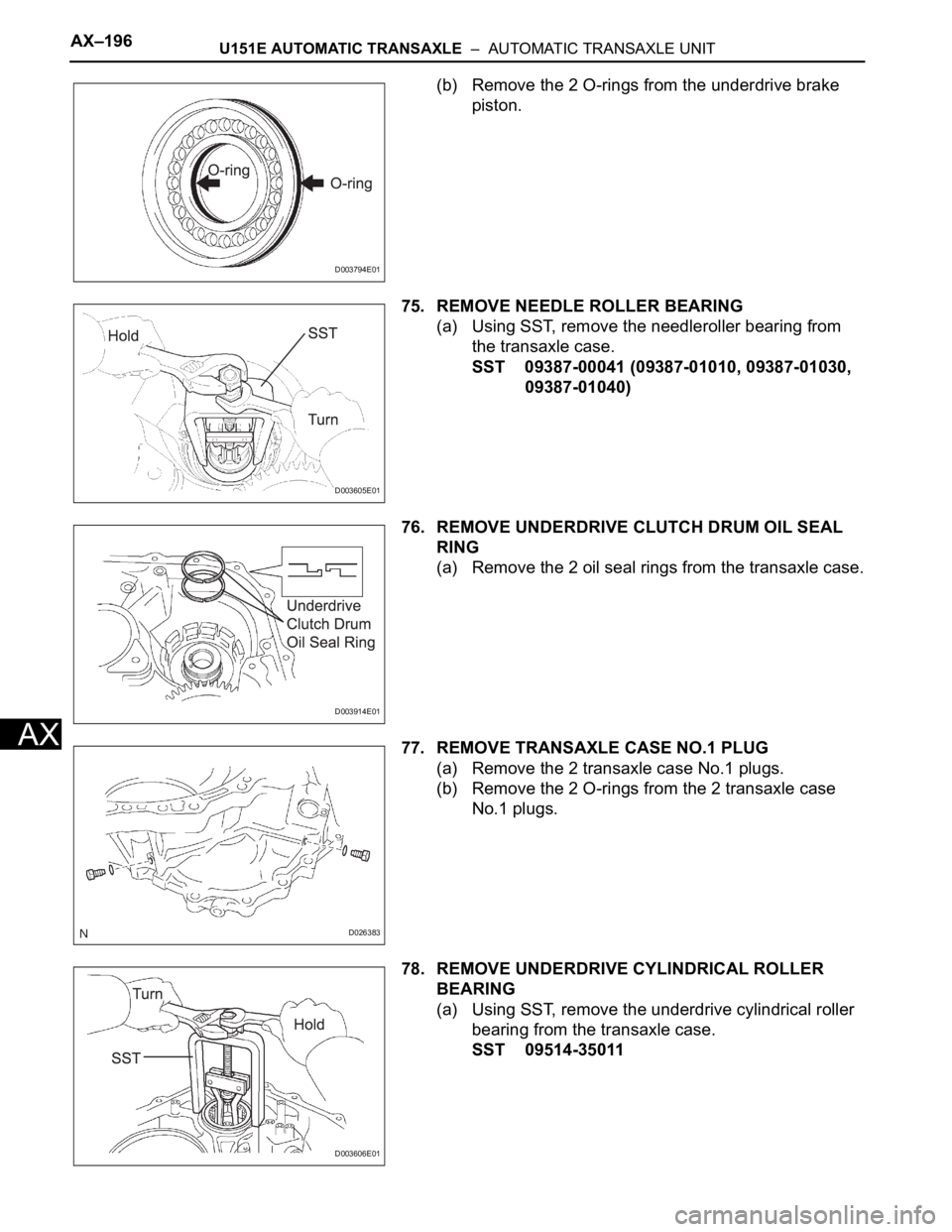 TOYOTA SIENNA 2007  Service Repair Manual AX–196U151E AUTOMATIC TRANSAXLE  –  AUTOMATIC TRANSAXLE UNIT
AX
(b) Remove the 2 O-rings from the underdrive brake 
piston.
75. REMOVE NEEDLE ROLLER BEARING
(a) Using SST, remove the needleroller 