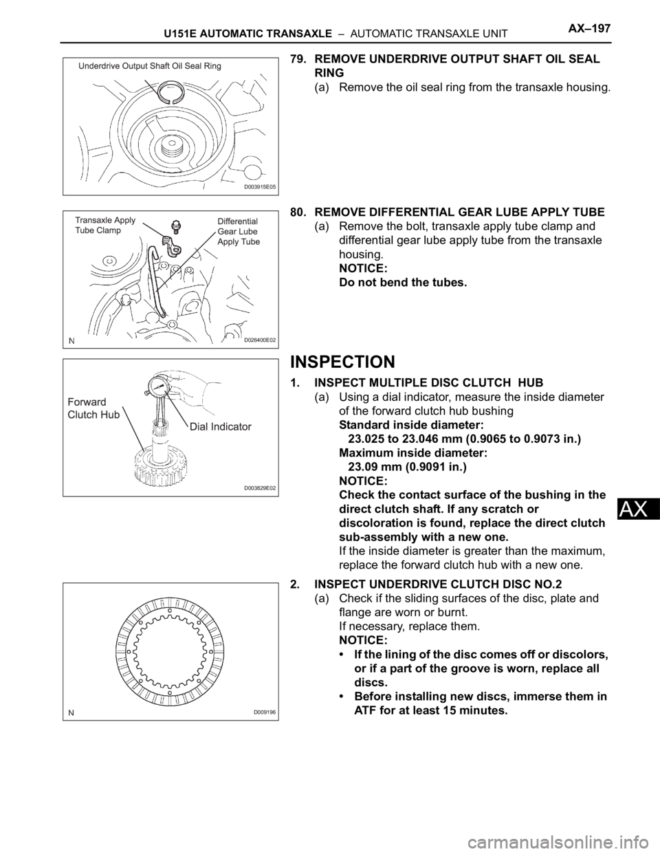 TOYOTA SIENNA 2007  Service Repair Manual U151E AUTOMATIC TRANSAXLE  –  AUTOMATIC TRANSAXLE UNITAX–197
AX
79. REMOVE UNDERDRIVE OUTPUT SHAFT OIL SEAL 
RING
(a) Remove the oil seal ring from the transaxle housing.
80. REMOVE DIFFERENTIAL G