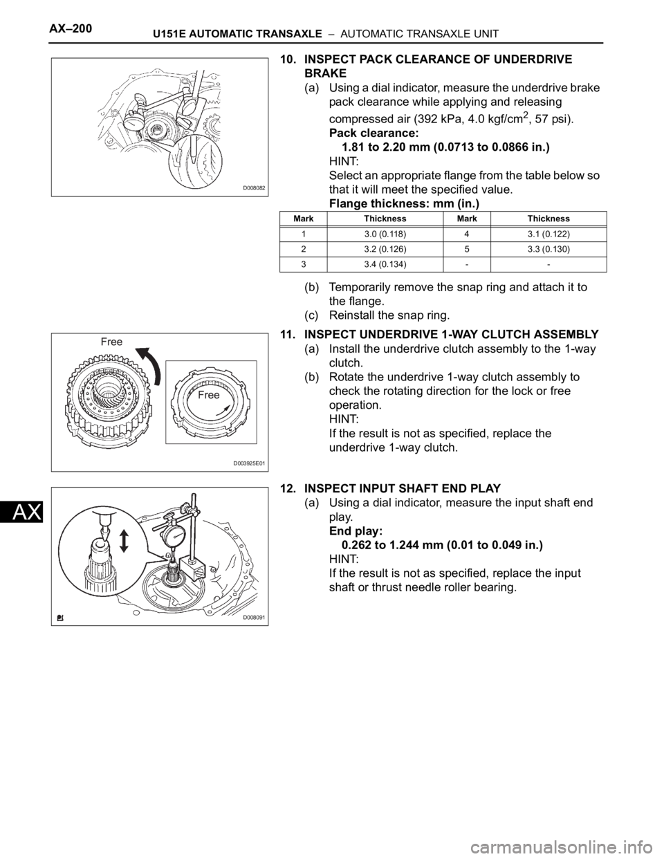 TOYOTA SIENNA 2007  Service Repair Manual AX–200U151E AUTOMATIC TRANSAXLE  –  AUTOMATIC TRANSAXLE UNIT
AX
10. INSPECT PACK CLEARANCE OF UNDERDRIVE 
BRAKE
(a) Using a dial indicator, measure the underdrive brake 
pack clearance while apply