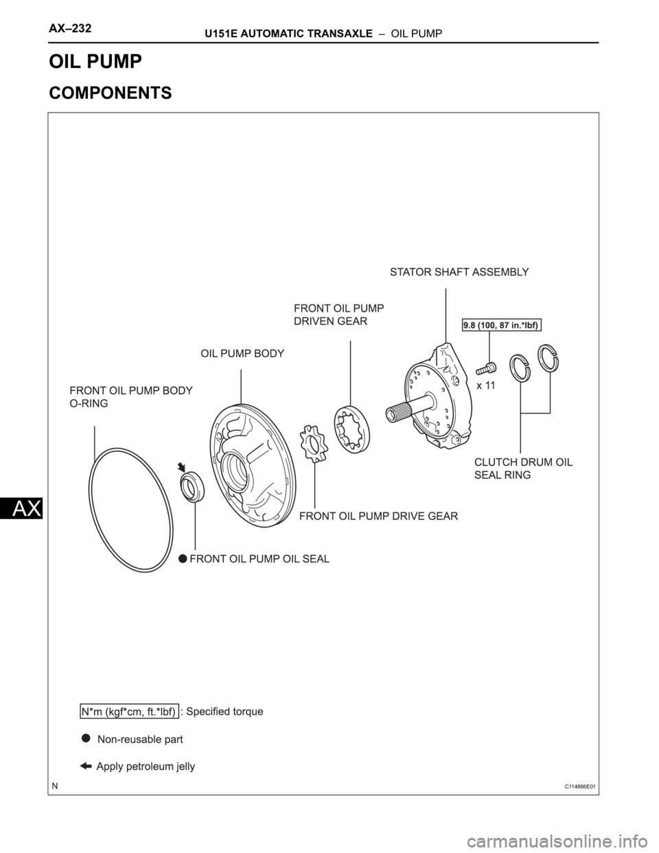TOYOTA SIENNA 2007  Service Repair Manual AX–232U151E AUTOMATIC TRANSAXLE  –  OIL PUMP
AX
TRANSMISSION
U151E AUTOMATIC TRANSAXLE
OIL PUMP
COMPONENTS
C114866E01 