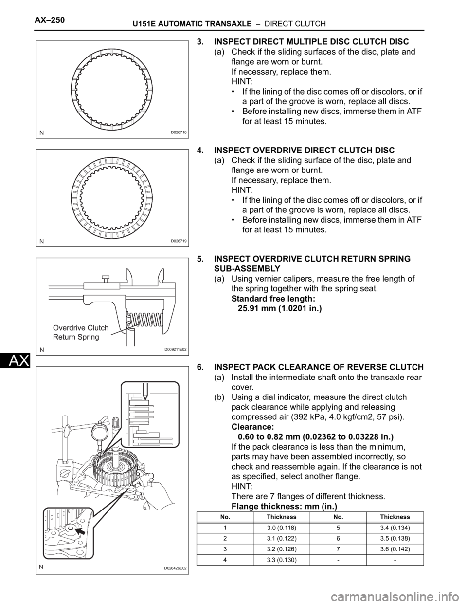 TOYOTA SIENNA 2007 Service Repair Manual AX–250U151E AUTOMATIC TRANSAXLE – DIRECT CLUTCH
AX
3. INSPECT DIRECT MULTIPLE DISC CLUTCH DISC
(a) Check if the sliding surfaces of the disc, plate and
flange are worn or burnt.
If necessary, r TOYOTA SIENNA 2007 Service Repair Manual AX–250U151E AUTOMATIC TRANSAXLE – DIRECT CLUTCH
AX
3. INSPECT DIRECT MULTIPLE DISC CLUTCH DISC
(a) Check if the sliding surfaces of the disc, plate and
flange are worn or burnt.
If necessary, r