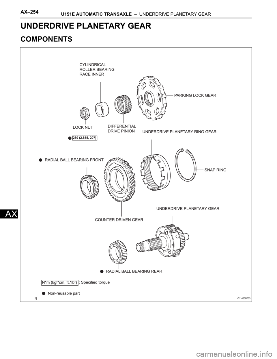 TOYOTA SIENNA 2007  Service Repair Manual AX–254U151E AUTOMATIC TRANSAXLE  –  UNDERDRIVE PLANETARY GEAR
AX
TRANSMISSION
U151E AUTOMATIC TRANSAXLE
UNDERDRIVE PLANETARY GEAR
COMPONENTS
C114868E03 