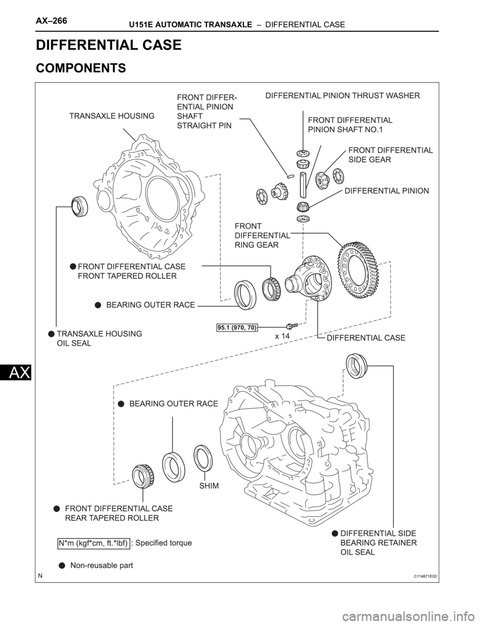 TOYOTA SIENNA 2007  Service Repair Manual AX–266U151E AUTOMATIC TRANSAXLE  –  DIFFERENTIAL CASE
AX
TRANSMISSION
U151E AUTOMATIC TRANSAXLE
DIFFERENTIAL CASE
COMPONENTS
C114871E03 
