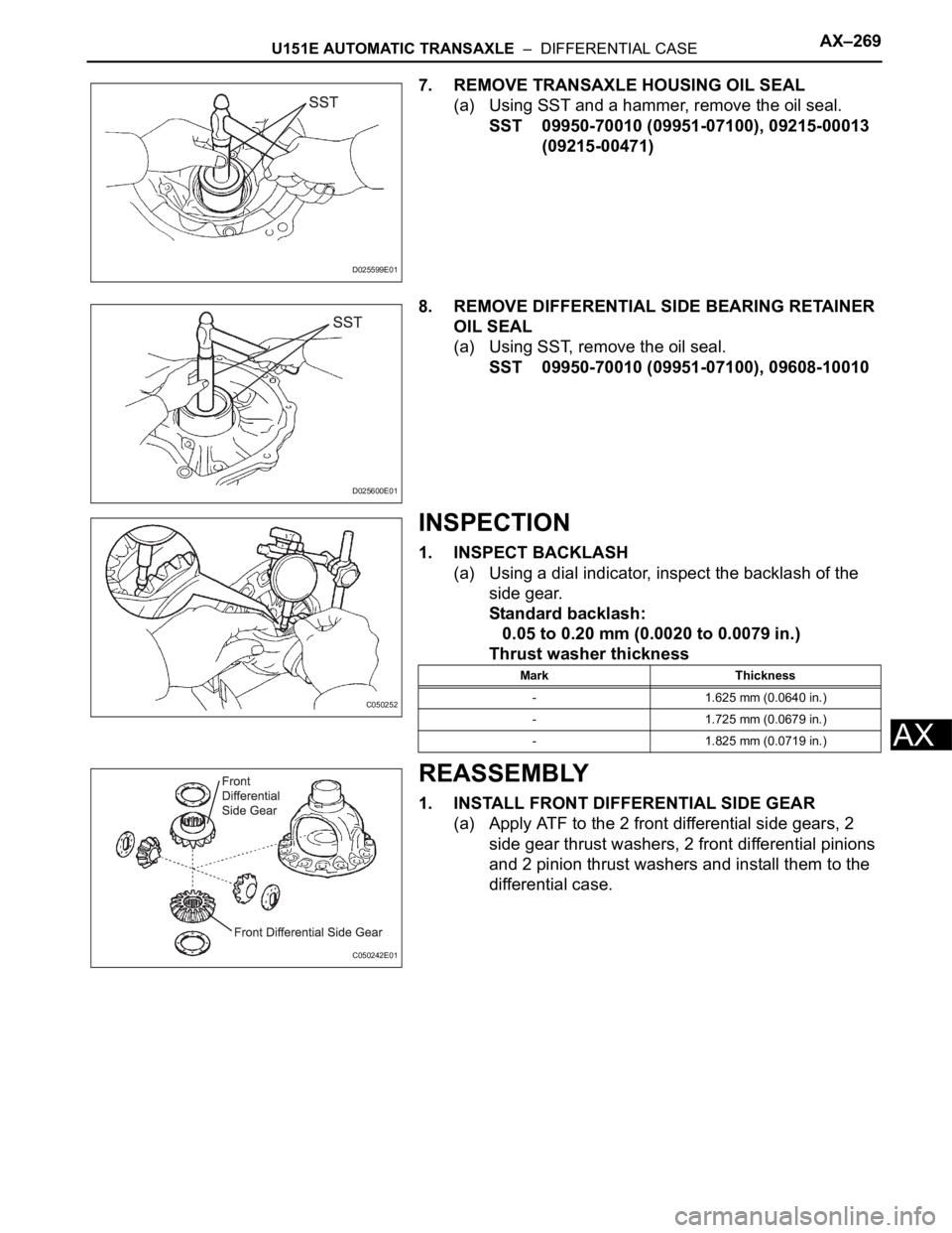 TOYOTA SIENNA 2007  Service Repair Manual U151E AUTOMATIC TRANSAXLE  –  DIFFERENTIAL CASEAX–269
AX
7. REMOVE TRANSAXLE HOUSING OIL SEAL
(a) Using SST and a hammer, remove the oil seal.
SST 09950-70010 (09951-07100), 09215-00013 
(09215-00