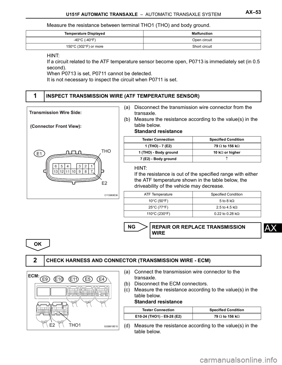 TOYOTA SIENNA 2007 Service Repair Manual U151F AUTOMATIC TRANSAXLE – AUTOMATIC TRANSAXLE SYSTEMAX–53
AX
Measure the resistance between terminal THO1 (THO) and body ground.
HINT:
If a circuit related to the ATF temperature sensor become TOYOTA SIENNA 2007 Service Repair Manual U151F AUTOMATIC TRANSAXLE – AUTOMATIC TRANSAXLE SYSTEMAX–53
AX
Measure the resistance between terminal THO1 (THO) and body ground.
HINT:
If a circuit related to the ATF temperature sensor become