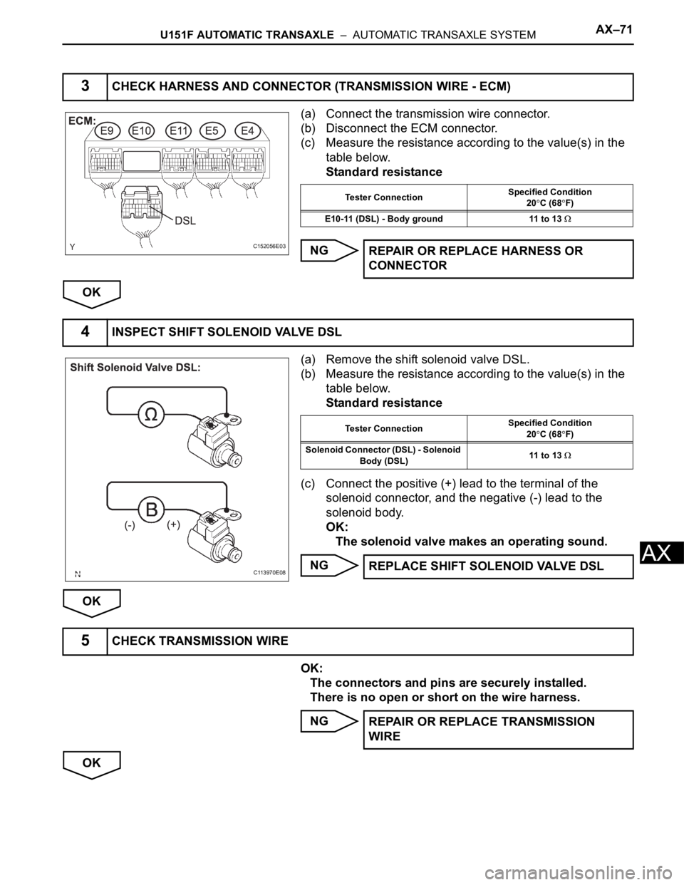 TOYOTA SIENNA 2007 Service Repair Manual U151F AUTOMATIC TRANSAXLE – AUTOMATIC TRANSAXLE SYSTEMAX–71
AX
(a) Connect the transmission wire connector.
(b) Disconnect the ECM connector.
(c) Measure the resistance according to the value(s) TOYOTA SIENNA 2007 Service Repair Manual U151F AUTOMATIC TRANSAXLE – AUTOMATIC TRANSAXLE SYSTEMAX–71
AX
(a) Connect the transmission wire connector.
(b) Disconnect the ECM connector.
(c) Measure the resistance according to the value(s)