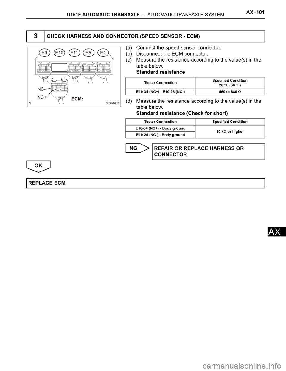 TOYOTA SIENNA 2007  Service Repair Manual U151F AUTOMATIC TRANSAXLE  –  AUTOMATIC TRANSAXLE SYSTEMAX–101
AX
(a) Connect the speed sensor connector.
(b) Disconnect the ECM connector.
(c) Measure the resistance according to the value(s) in 