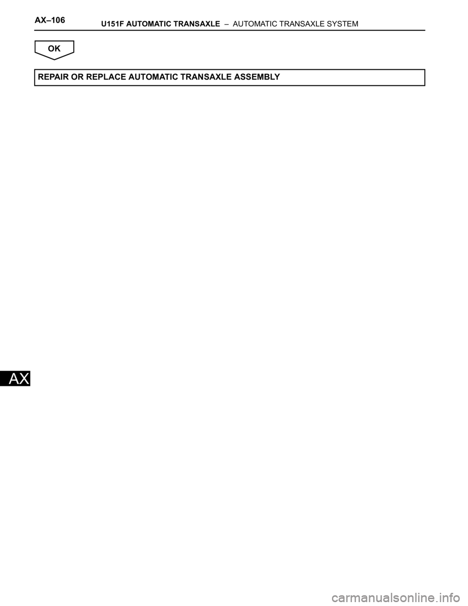 TOYOTA SIENNA 2007  Service Repair Manual AX–106U151F AUTOMATIC TRANSAXLE  –  AUTOMATIC TRANSAXLE SYSTEM
AX
OK
REPAIR OR REPLACE AUTOMATIC TRANSAXLE ASSEMBLY 