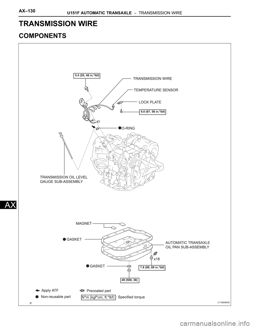 TOYOTA SIENNA 2007  Service Repair Manual AX–130U151F AUTOMATIC TRANSAXLE  –  TRANSMISSION WIRE
AX
TRANSMISSION
U151F AUTOMATIC TRANSAXLE
TRANSMISSION WIRE
COMPONENTS
C119004E05 