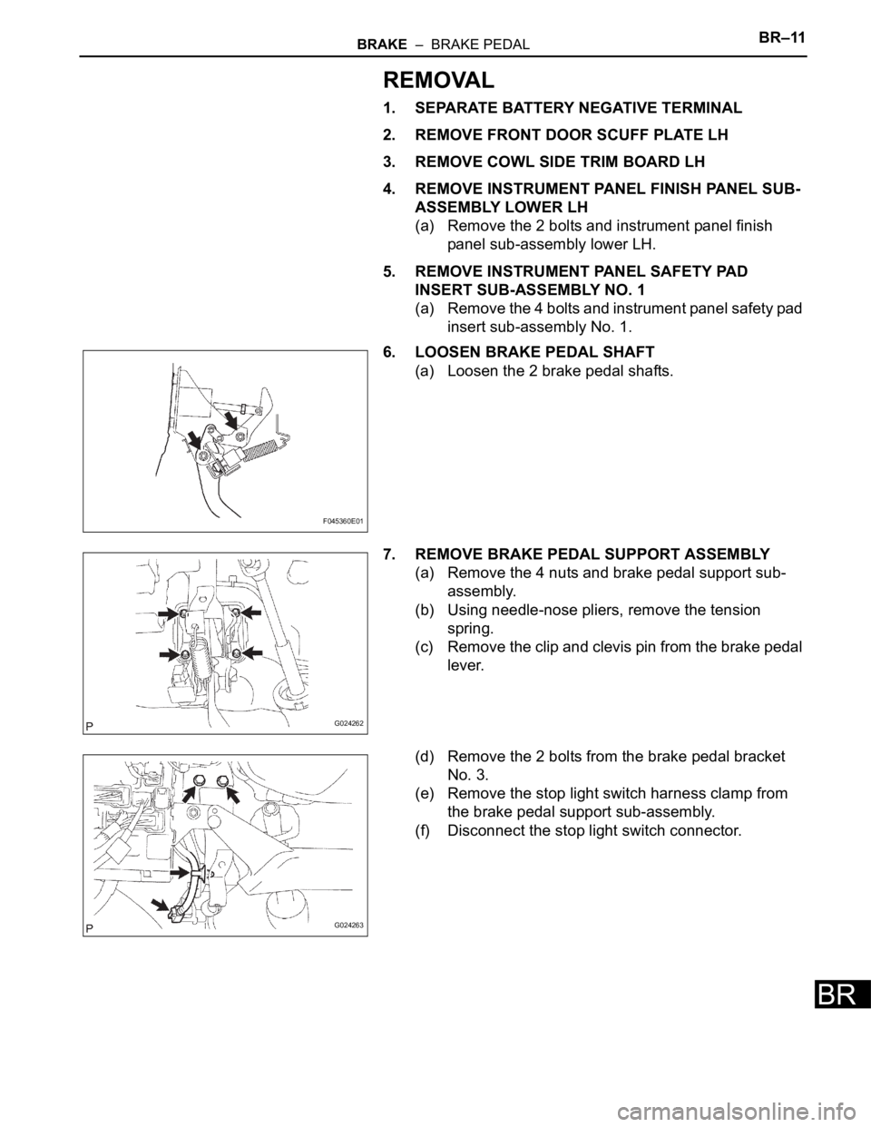 TOYOTA SIENNA 2007  Service Repair Manual BRAKE  –  BRAKE PEDALBR–11
BR
REMOVAL
1. SEPARATE BATTERY NEGATIVE TERMINAL
2. REMOVE FRONT DOOR SCUFF PLATE LH
3. REMOVE COWL SIDE TRIM BOARD LH
4. REMOVE INSTRUMENT PANEL FINISH PANEL SUB-
ASSEM