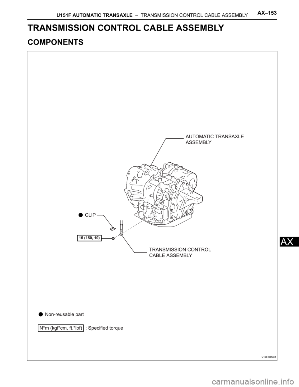 TOYOTA SIENNA 2007  Service Repair Manual U151F AUTOMATIC TRANSAXLE  –  TRANSMISSION CONTROL CABLE ASSEMBLYAX–153
AX
TRANSMISSION
U151F AUTOMATIC TRANSAXLE
TRANSMISSION CONTROL CABLE ASSEMBLY
COMPONENTS
C126460E02 