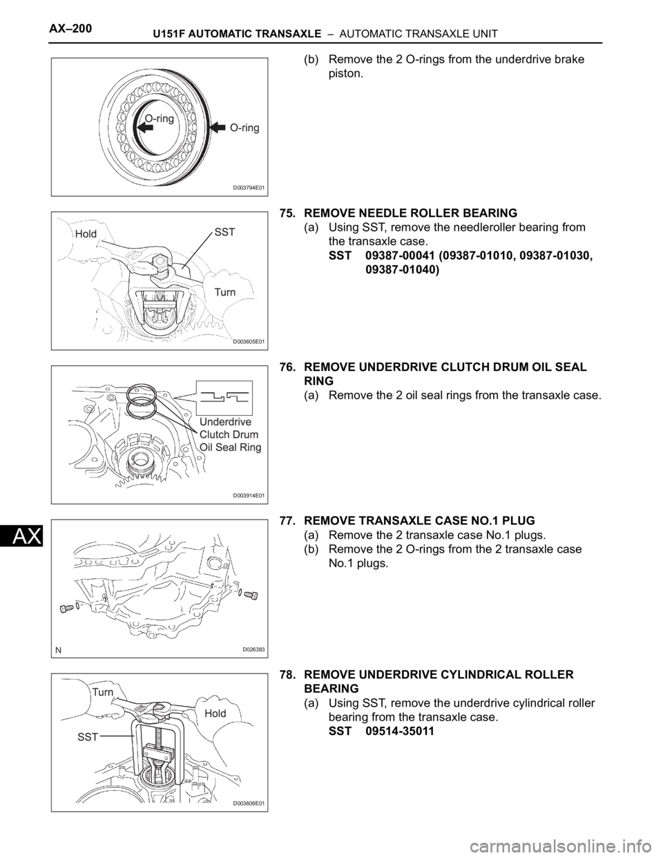 TOYOTA SIENNA 2007  Service Repair Manual AX–200U151F AUTOMATIC TRANSAXLE  –  AUTOMATIC TRANSAXLE UNIT
AX
(b) Remove the 2 O-rings from the underdrive brake 
piston.
75. REMOVE NEEDLE ROLLER BEARING
(a) Using SST, remove the needleroller 