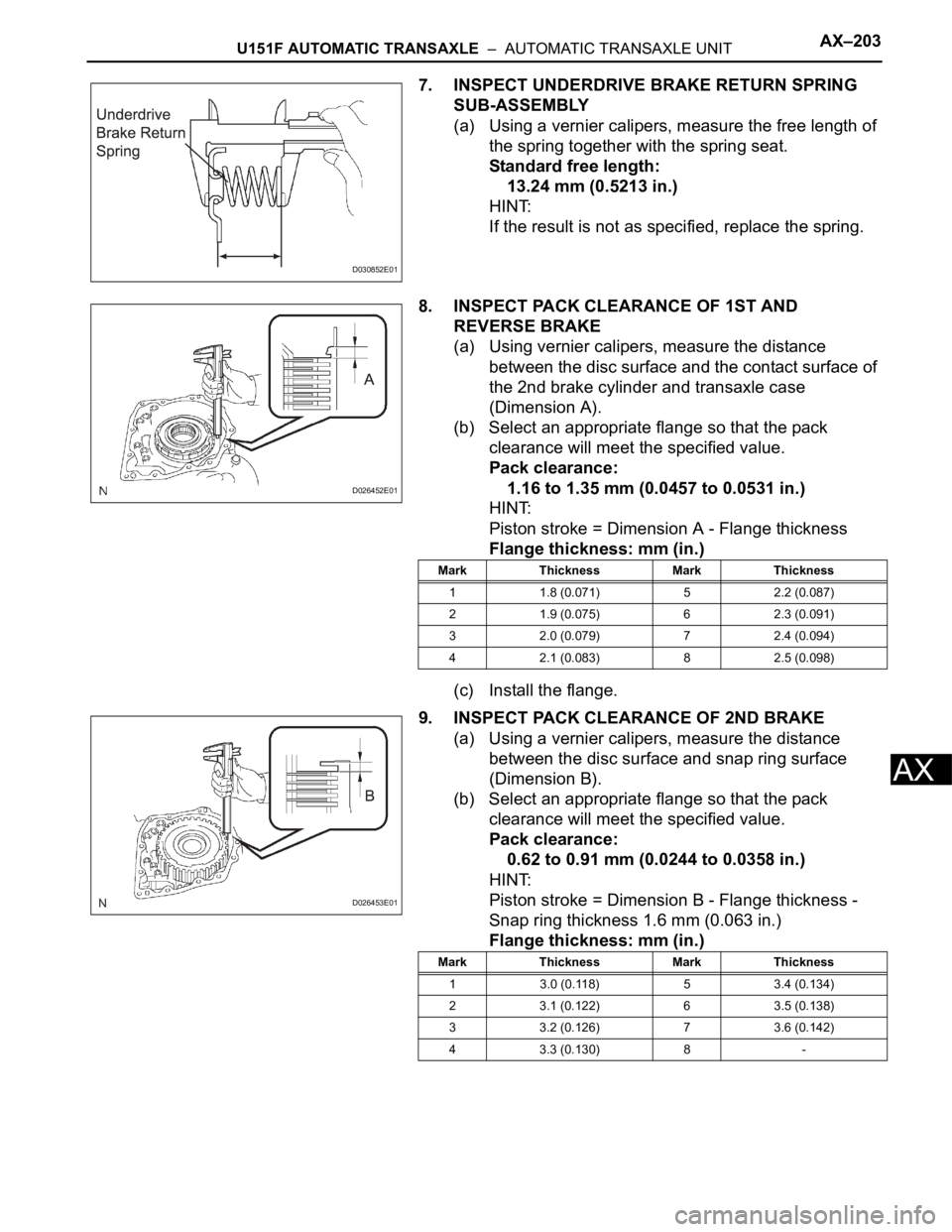 TOYOTA SIENNA 2007  Service Repair Manual U151F AUTOMATIC TRANSAXLE  –  AUTOMATIC TRANSAXLE UNITAX–203
AX
7. INSPECT UNDERDRIVE BRAKE RETURN SPRING 
SUB-ASSEMBLY
(a) Using a vernier calipers, measure the free length of 
the spring togethe