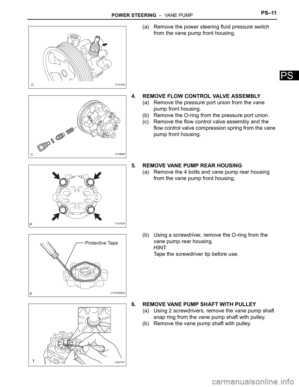 TOYOTA SIENNA 2007  Service Repair Manual POWER STEERING  –  VANE PUMPPS–11
PS
(a) Remove the power steering fluid pressure switch 
from the vane pump front housing.
4. REMOVE FLOW CONTROL VALVE ASSEMBLY
(a) Remove the pressure port union