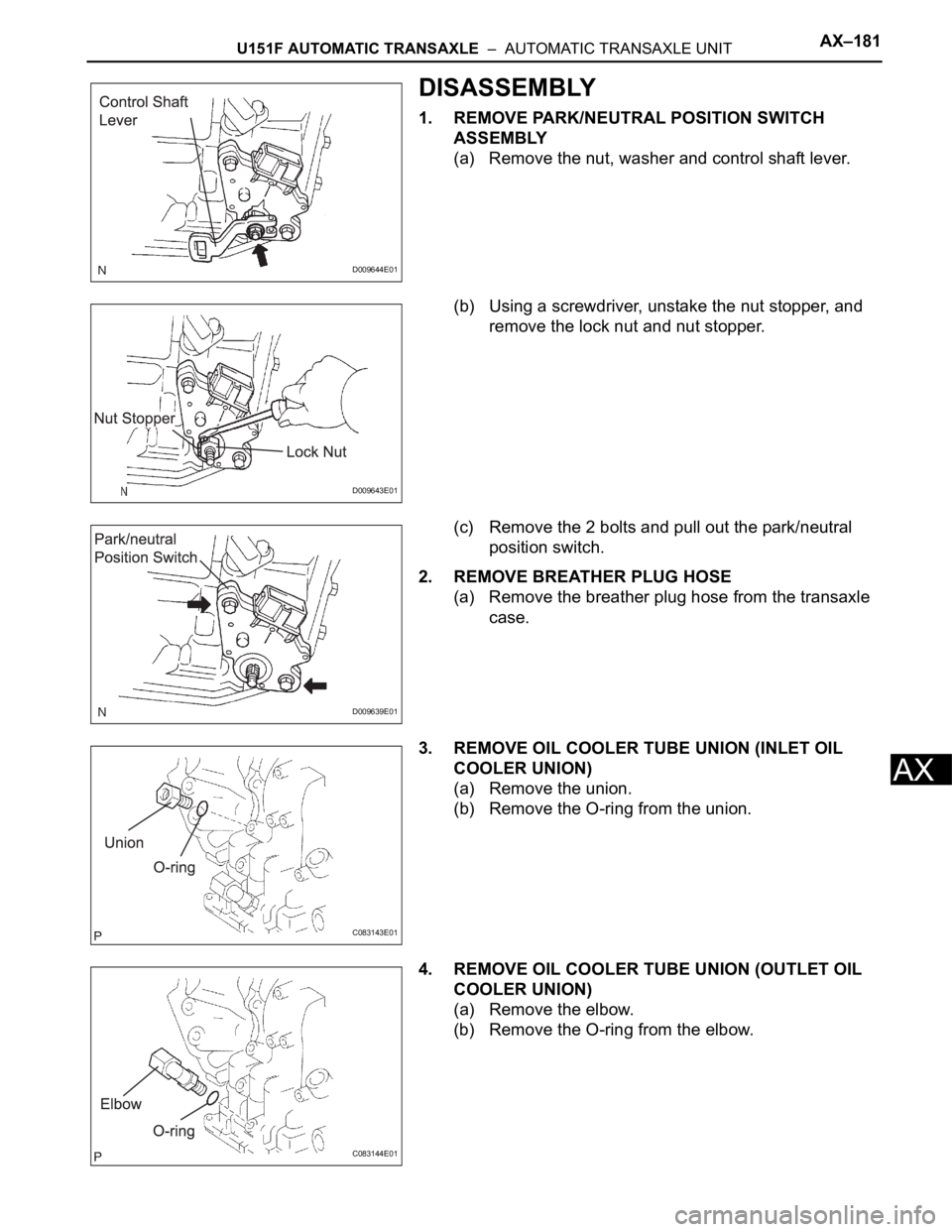 TOYOTA SIENNA 2007  Service Repair Manual U151F AUTOMATIC TRANSAXLE  –  AUTOMATIC TRANSAXLE UNITAX–181
AX
DISASSEMBLY
1. REMOVE PARK/NEUTRAL POSITION SWITCH 
ASSEMBLY
(a) Remove the nut, washer and control shaft lever.
(b) Using a screwdr