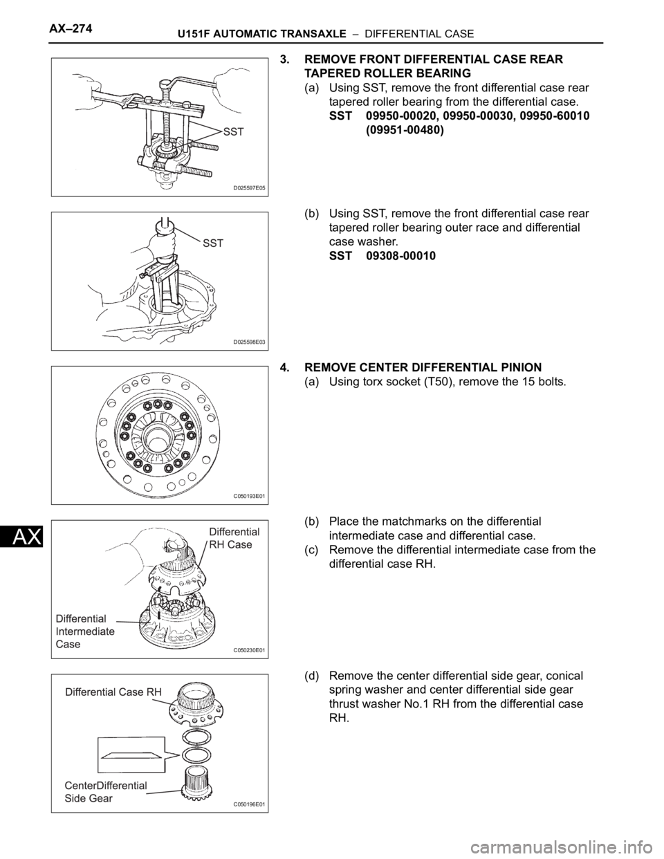 TOYOTA SIENNA 2007  Service Repair Manual AX–274U151F AUTOMATIC TRANSAXLE  –  DIFFERENTIAL CASE
AX
3. REMOVE FRONT DIFFERENTIAL CASE REAR 
TAPERED ROLLER BEARING
(a) Using SST, remove the front differential case rear 
tapered roller beari