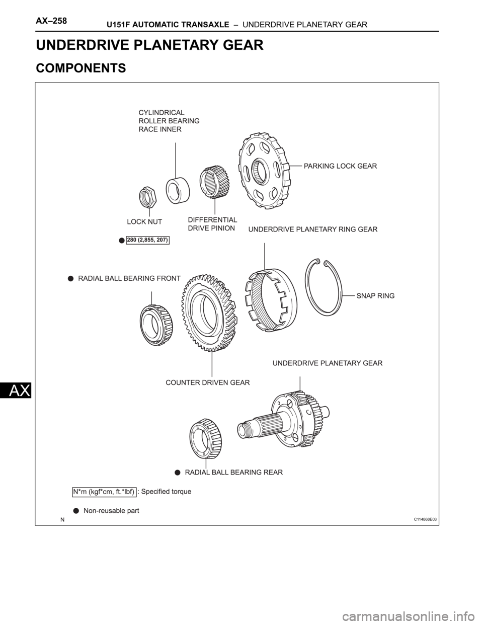 TOYOTA SIENNA 2007  Service Repair Manual AX–258U151F AUTOMATIC TRANSAXLE  –  UNDERDRIVE PLANETARY GEAR
AX
TRANSMISSION
U151F AUTOMATIC TRANSAXLE
UNDERDRIVE PLANETARY GEAR
COMPONENTS
C114868E03 