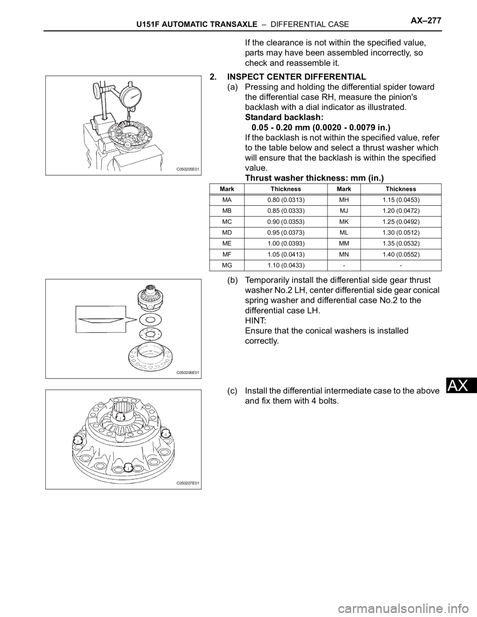 TOYOTA SIENNA 2007 Service Repair Manual U151F AUTOMATIC TRANSAXLE – DIFFERENTIAL CASEAX–277
AX
If the clearance is not within the specified value,
parts may have been assembled incorrectly, so
check and reassemble it.
2. INSPECT CEN TOYOTA SIENNA 2007 Service Repair Manual U151F AUTOMATIC TRANSAXLE – DIFFERENTIAL CASEAX–277
AX
If the clearance is not within the specified value,
parts may have been assembled incorrectly, so
check and reassemble it.
2. INSPECT CEN