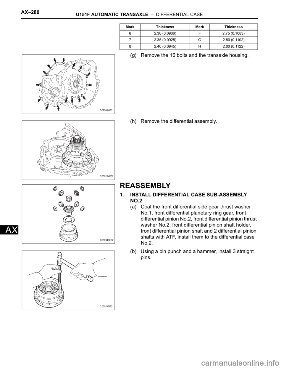 TOYOTA SIENNA 2007  Service Repair Manual AX–280U151F AUTOMATIC TRANSAXLE  –  DIFFERENTIAL CASE
AX
(g) Remove the 16 bolts and the transaxle housing.
(h) Remove the differential assembly.
REASSEMBLY
1. INSTALL DIFFERENTIAL CASE SUB-ASSEMB