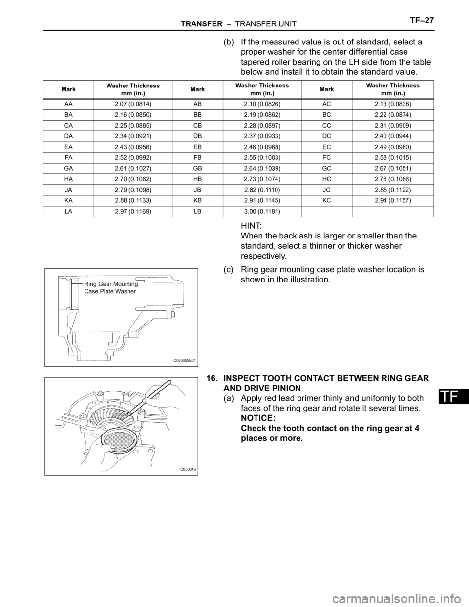 TOYOTA SIENNA 2007  Service Repair Manual TRANSFER  –  TRANSFER UNITTF–27
TF
(b) If the measured value is out of standard, select a 
proper washer for the center differential case 
tapered roller bearing on the LH side from the table 
bel