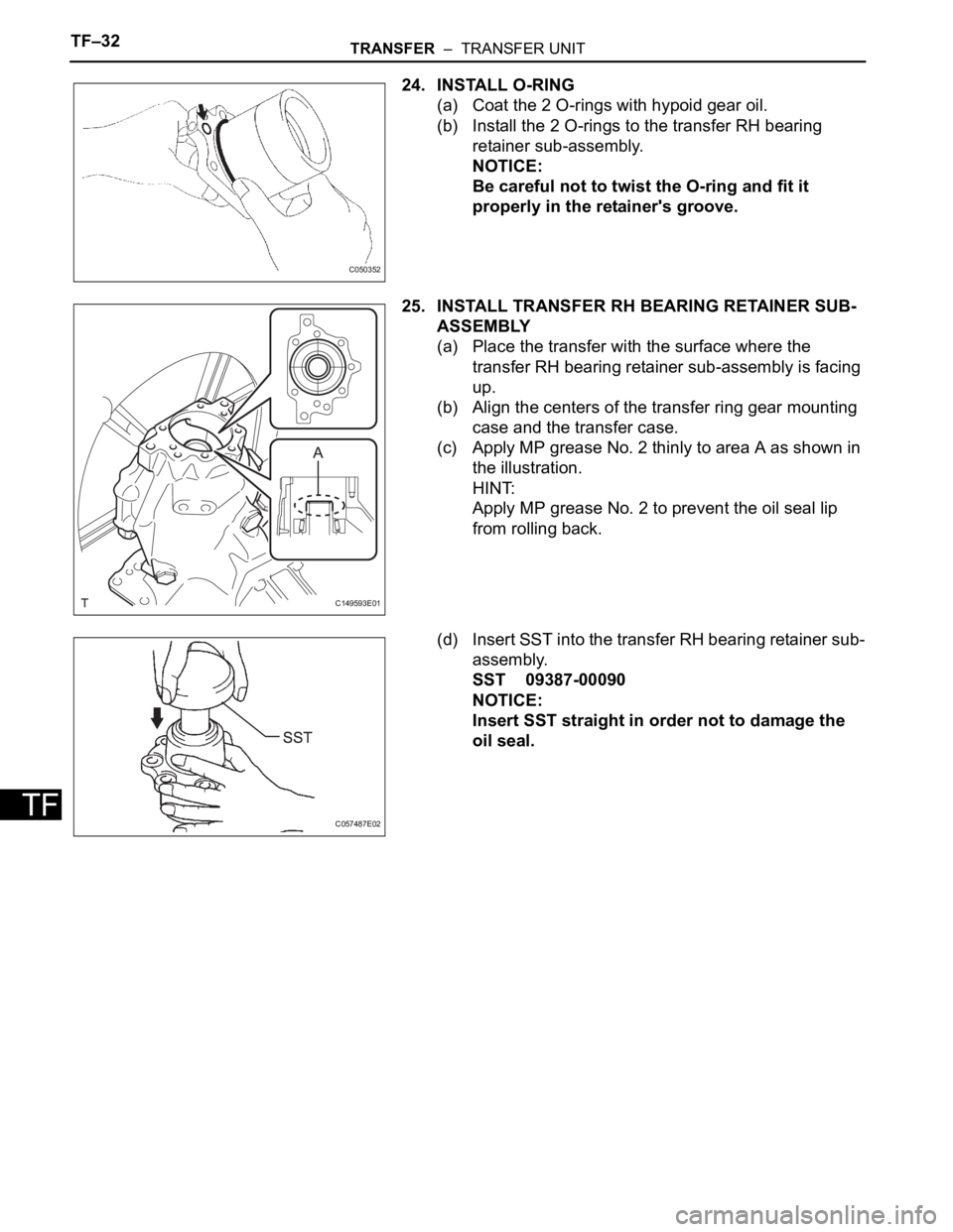 TOYOTA SIENNA 2007  Service Repair Manual TF–32TRANSFER  –  TRANSFER UNIT
TF
24. INSTALL O-RING
(a) Coat the 2 O-rings with hypoid gear oil.
(b) Install the 2 O-rings to the transfer RH bearing 
retainer sub-assembly.
NOTICE:
Be careful n