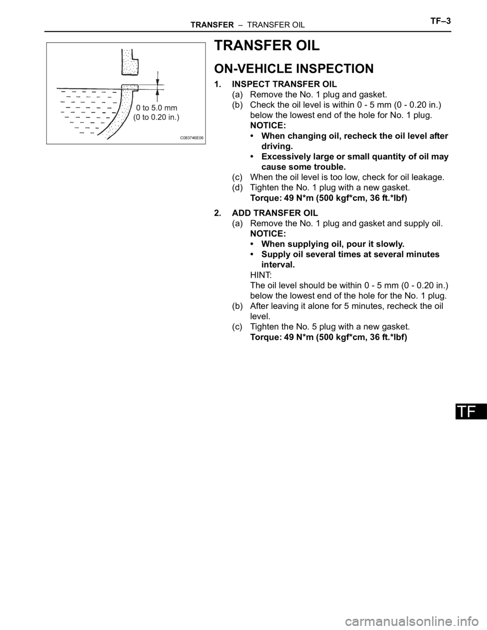 TOYOTA SIENNA 2007  Service Repair Manual TRANSFER  –  TRANSFER OILTF–3
TF
TRANSFER OIL
ON-VEHICLE INSPECTION
1. INSPECT TRANSFER OIL
(a) Remove the No. 1 plug and gasket.
(b) Check the oil level is within 0 - 5 mm (0 - 0.20 in.) 
below t