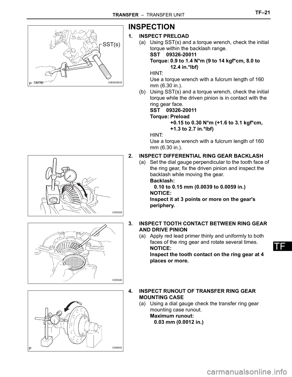 TOYOTA SIENNA 2007  Service Repair Manual TRANSFER  –  TRANSFER UNITTF–21
TF
INSPECTION
1. INSPECT PRELOAD
(a) Using SST(s) and a torque wrench, check the initial 
torque within the backlash range.
SST 09326-20011
Torque: 0.9 to 1.4 N*m (