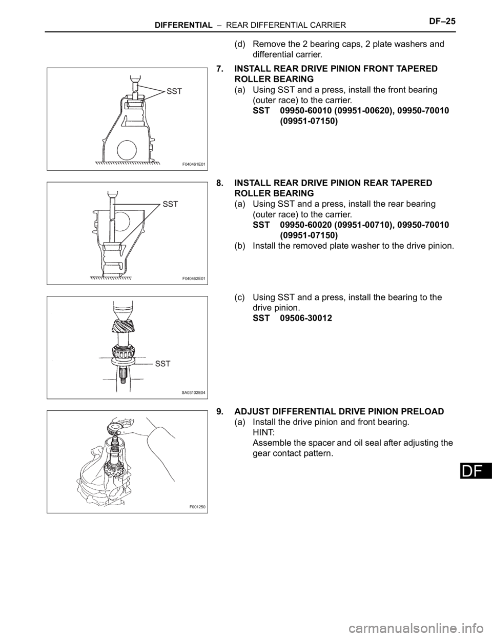 TOYOTA SIENNA 2007  Service Repair Manual DIFFERENTIAL  –  REAR DIFFERENTIAL CARRIERDF–25
DF
(d) Remove the 2 bearing caps, 2 plate washers and 
differential carrier.
7. INSTALL REAR DRIVE PINION FRONT TAPERED 
ROLLER BEARING
(a) Using SS