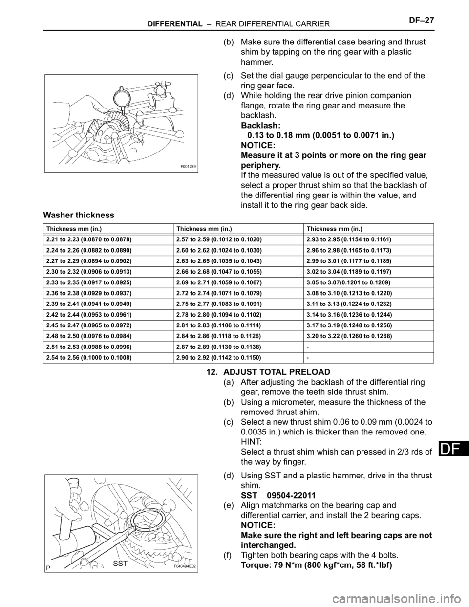 TOYOTA SIENNA 2007 Service Repair Manual DIFFERENTIAL – REAR DIFFERENTIAL CARRIERDF–27
DF
(b) Make sure the differential case bearing and thrust
shim by tapping on the ring gear with a plastic
hammer.
(c) Set the dial gauge perpendic TOYOTA SIENNA 2007 Service Repair Manual DIFFERENTIAL – REAR DIFFERENTIAL CARRIERDF–27
DF
(b) Make sure the differential case bearing and thrust
shim by tapping on the ring gear with a plastic
hammer.
(c) Set the dial gauge perpendic