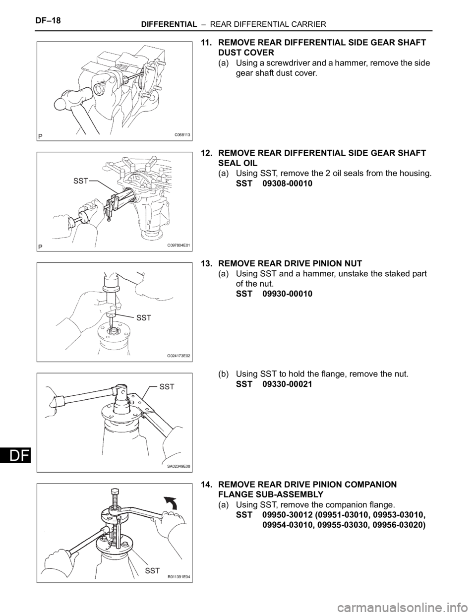 TOYOTA SIENNA 2007  Service Repair Manual DF–18DIFFERENTIAL  –  REAR DIFFERENTIAL CARRIER
DF
11. REMOVE REAR DIFFERENTIAL SIDE GEAR SHAFT 
DUST COVER
(a) Using a screwdriver and a hammer, remove the side 
gear shaft dust cover.
12. REMOVE