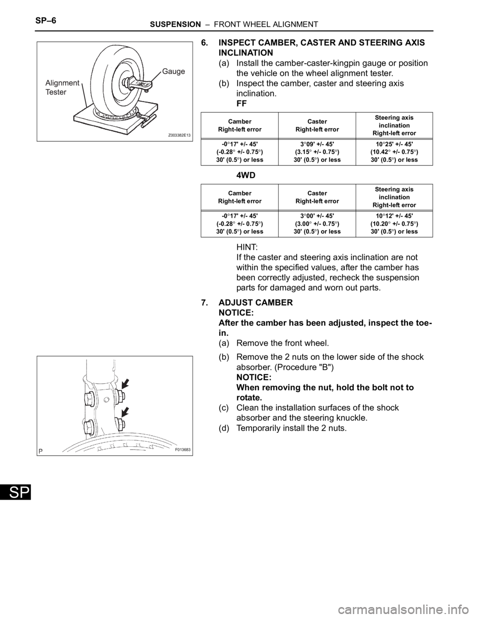 TOYOTA SIENNA 2007 Service Repair Manual SP–6SUSPENSION – FRONT WHEEL ALIGNMENT
SP
6. INSPECT CAMBER, CASTER AND STEERING AXIS
INCLINATION
(a) Install the camber-caster-kingpin gauge or position
the vehicle on the wheel alignment tes TOYOTA SIENNA 2007 Service Repair Manual SP–6SUSPENSION – FRONT WHEEL ALIGNMENT
SP
6. INSPECT CAMBER, CASTER AND STEERING AXIS
INCLINATION
(a) Install the camber-caster-kingpin gauge or position
the vehicle on the wheel alignment tes