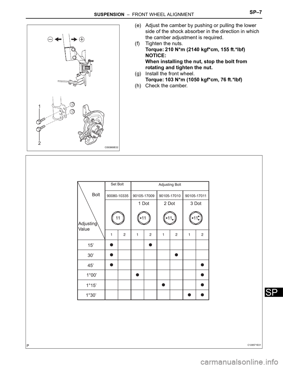 TOYOTA SIENNA 2007  Service Repair Manual SUSPENSION  –  FRONT WHEEL ALIGNMENTSP–7
SP
(e) Adjust the camber by pushing or pulling the lower 
side of the shock absorber in the direction in which 
the camber adjustment is required.
(f) Tigh