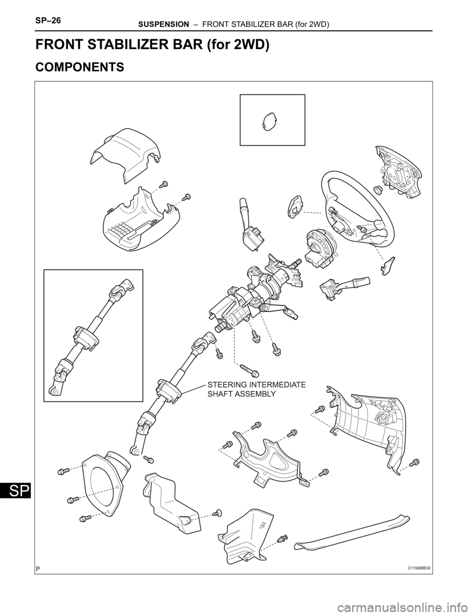 TOYOTA SIENNA 2007  Service Repair Manual SP–26SUSPENSION  –  FRONT STABILIZER BAR (for 2WD)
SP
SUSPENSION & AXLE
SUSPENSION
FRONT STABILIZER BAR (for 2WD)
COMPONENTS
C119368E02 