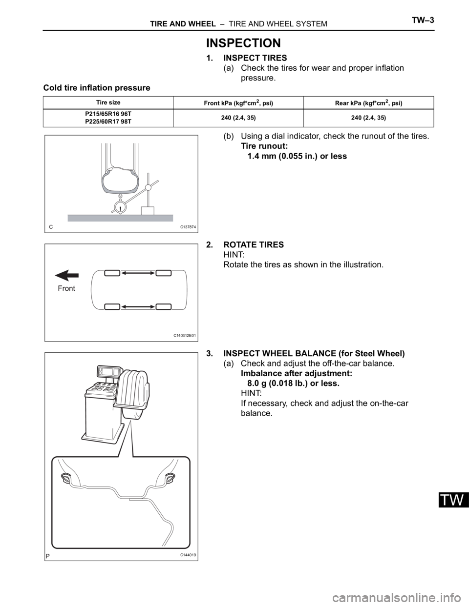 TOYOTA SIENNA 2007  Service Repair Manual TIRE AND WHEEL  –  TIRE AND WHEEL SYSTEMTW–3
TW
INSPECTION
1. INSPECT TIRES
(a) Check the tires for wear and proper inflation 
pressure.
Cold tire inflation pressure
(b) Using a dial indicator, ch